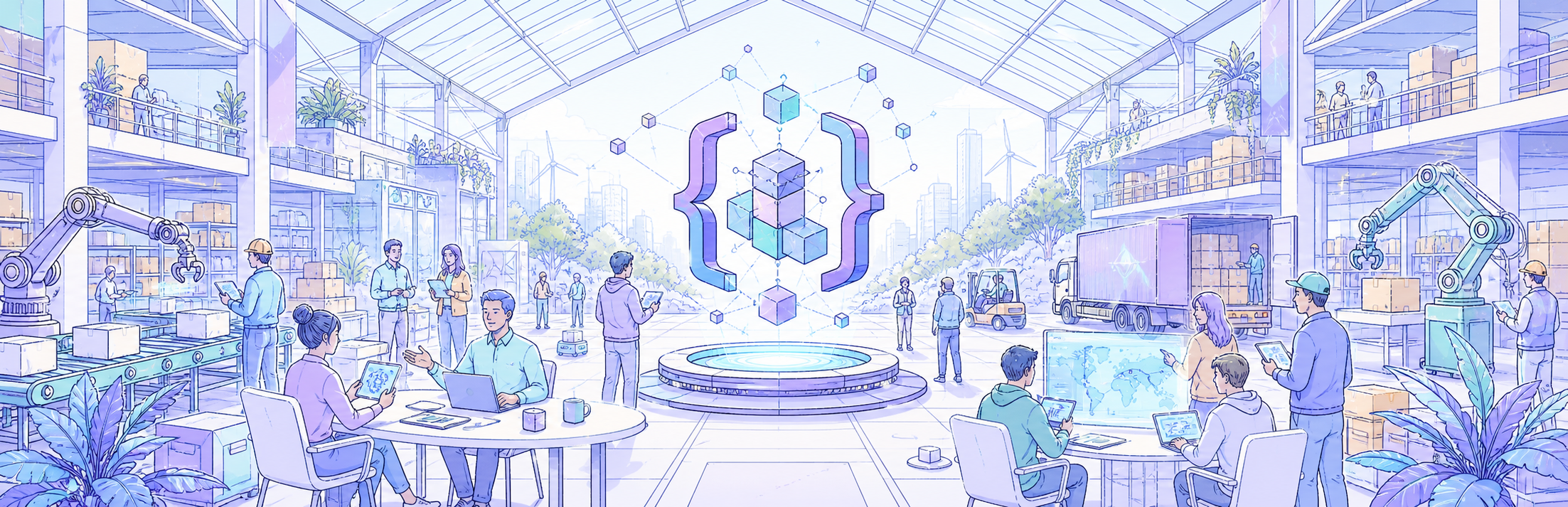 Illustrated Jsonic manufacturing commons with makers, buyers, ledgers, and robotics.